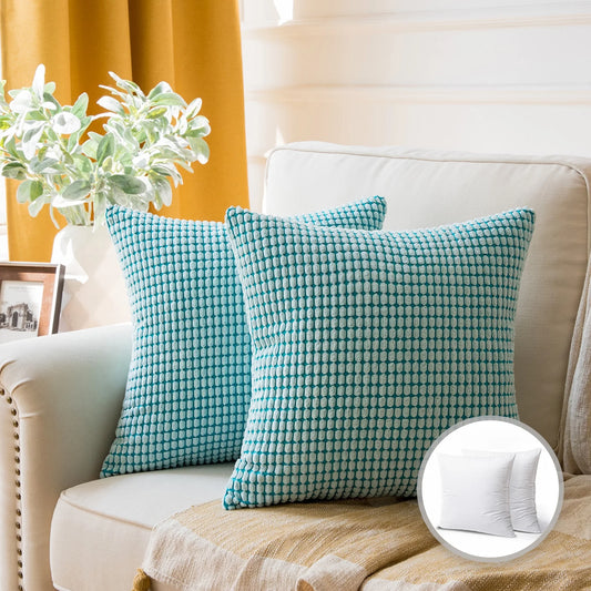 Soft Corduroy Corn Striped Velvet Series Decorative Throw Pillow, 22" X 22", Turquoise, 2 Pack