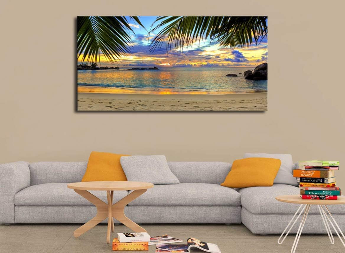 Tropic Beach Sunset Canvas Art - Large Palm Tree Ocean Landscape 29" X 58