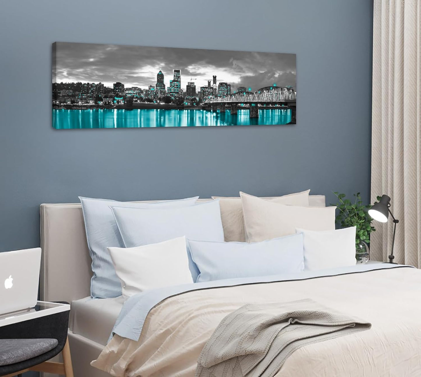 Framed Black White Cityscape Canvas Print, Modern Wall Art for Living Room, Bedroom & Office Decor, Portland Oregon Skyline Picture, Large Wall Decor 14X48 Inches