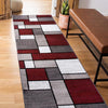 Modern Geometric Boxes Red Area Rug, Carpet with Jute Backing for Hallway, Entryway, or Laundry Room, 2' X 7'2"