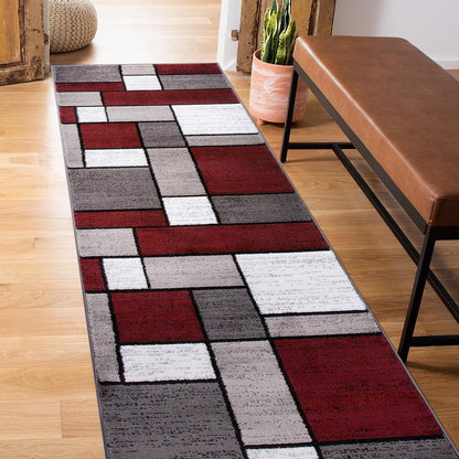 Modern Geometric Boxes Red Area Rug, Carpet with Jute Backing for Hallway, Entryway, or Laundry Room, 2' X 7'2"