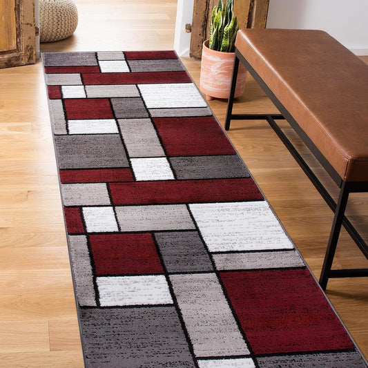 Modern Geometric Boxes Red Area Rug, Carpet with Jute Backing for Hallway, Entryway, or Laundry Room, 2' X 7'2"