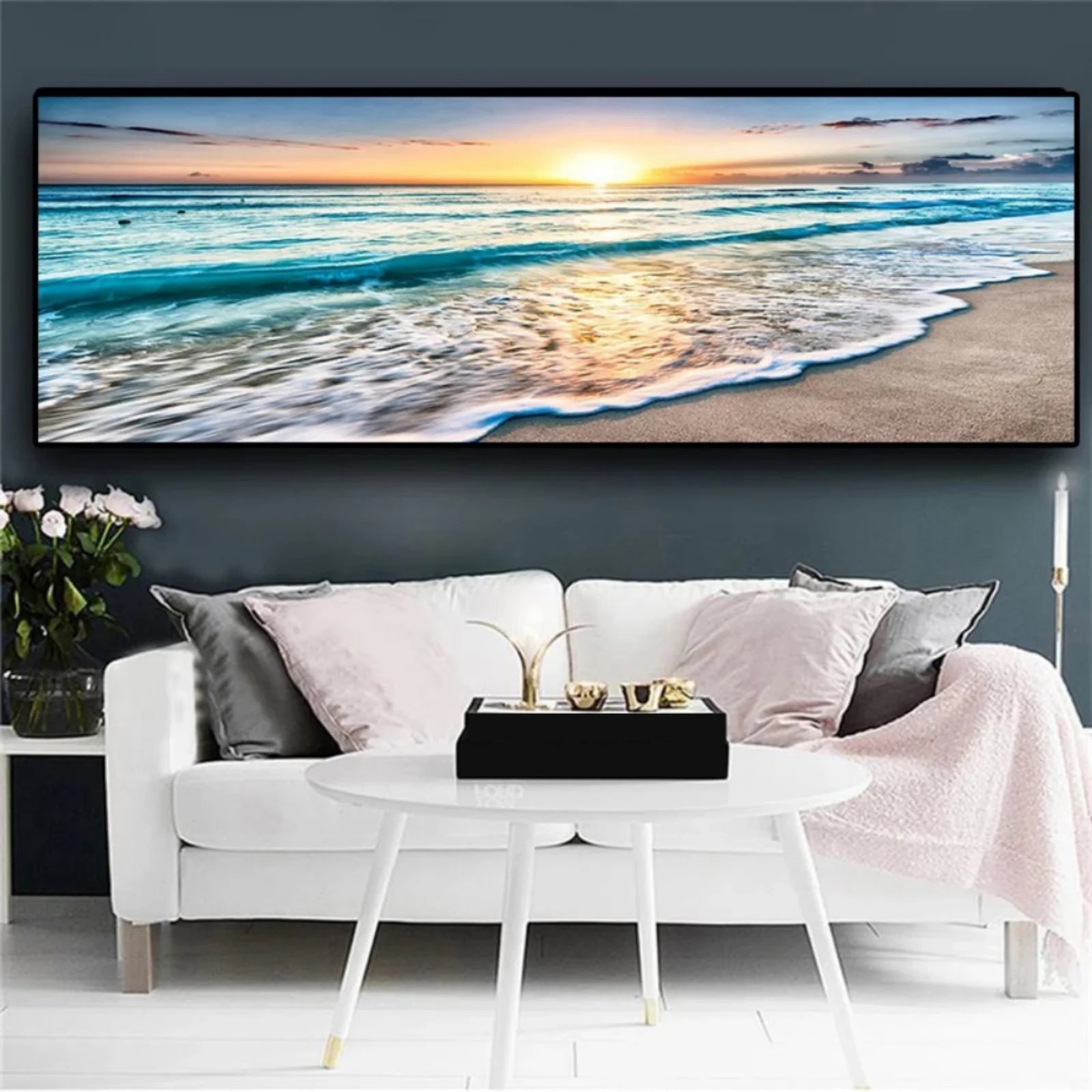 19.7*59 Inch Beach Wall Art for Living Room - Ocean Pictures Sunset Canvas Pictures Wall Decor,Blue Sky and Coastal Scenery Seascape Paintings for Bedroom Bathroom Office Home