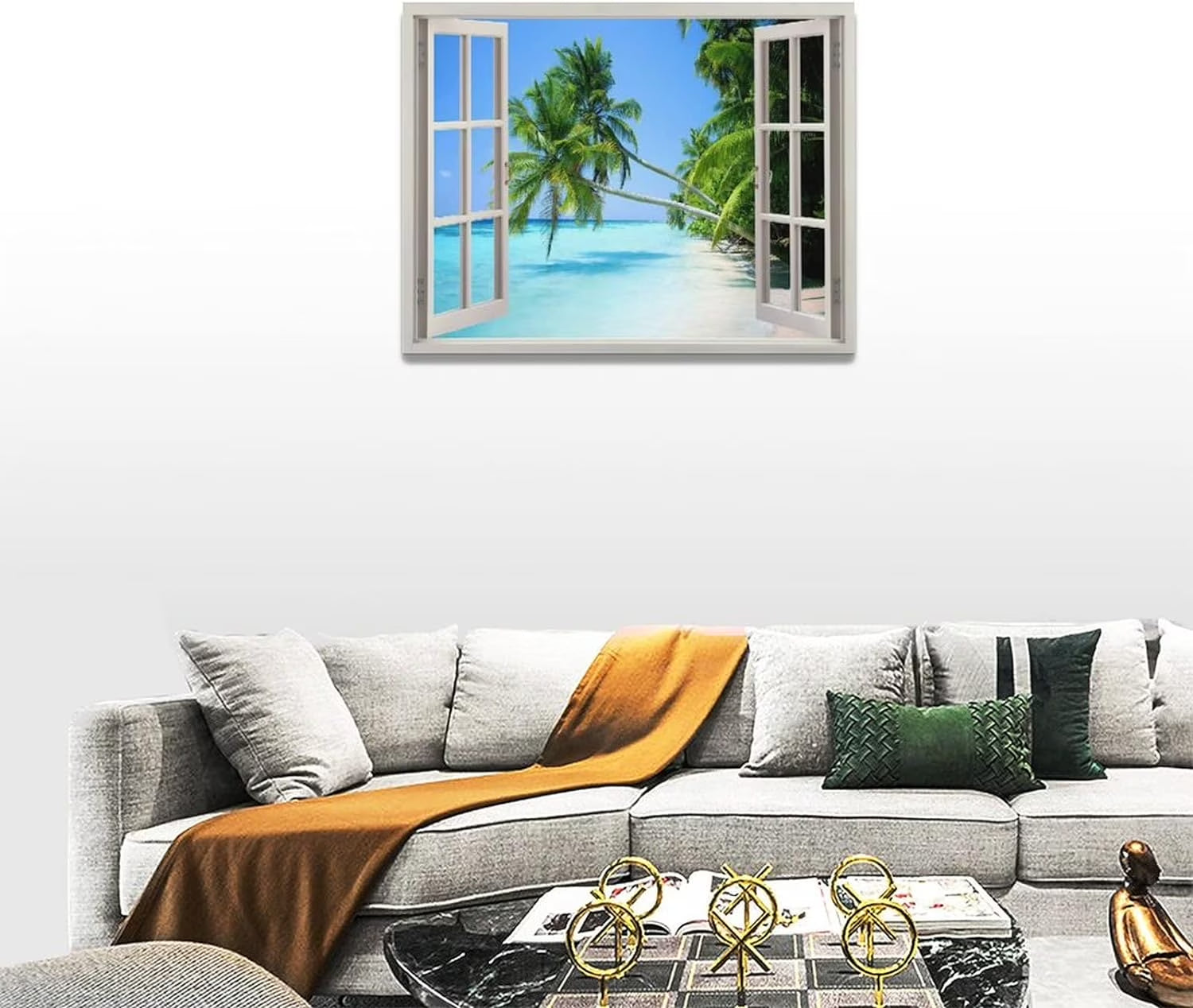 Tropical Palm Beach Wall Art Coastal Ocean Bathroom Pictures Wall Decor 3D Window Canvas Prints Framed Modern Seascape Landscape Painting Artwork for Living Room Hotel Kitchen Offic 16"X12"