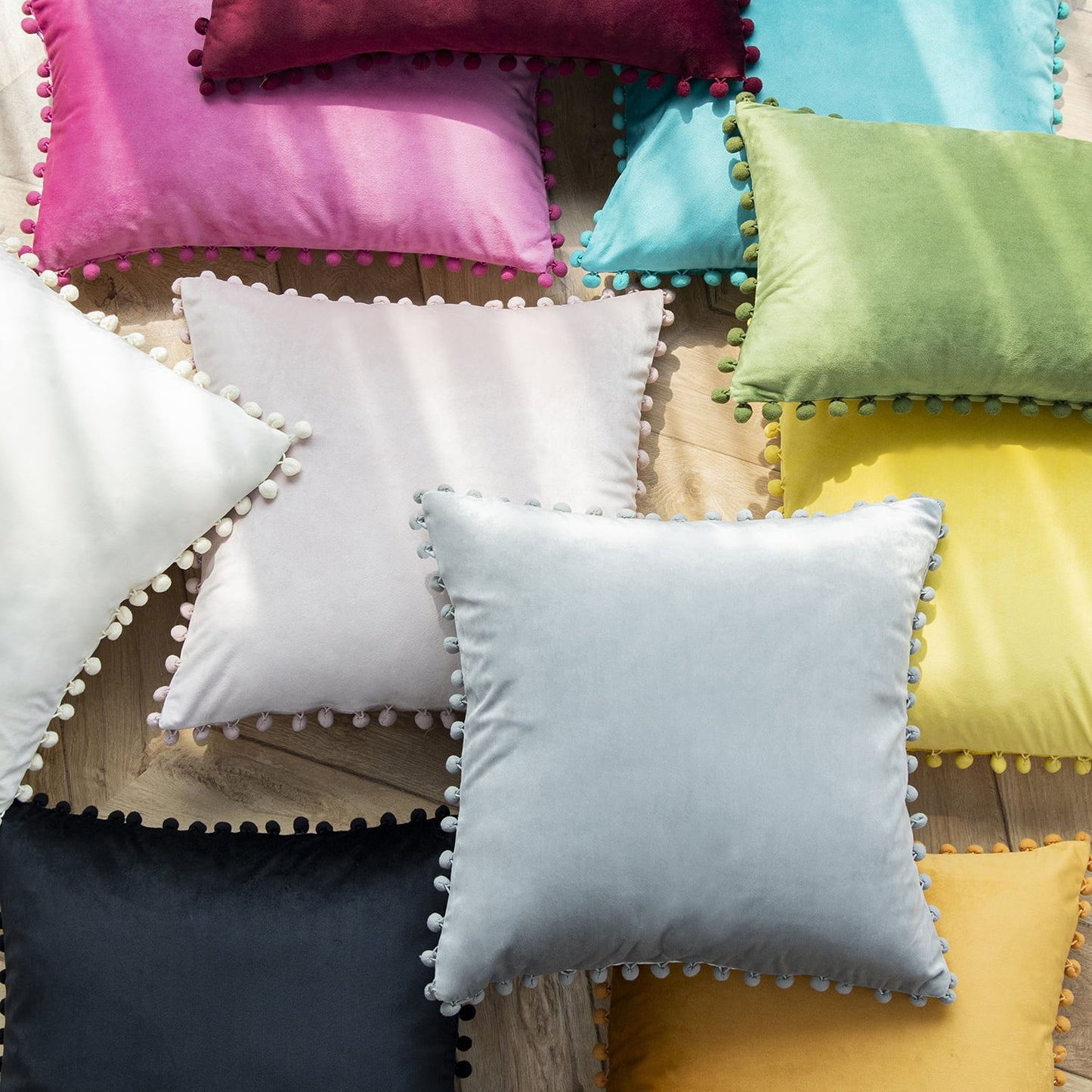 Throw Pillow with Insert，Silky Velvet Series Pom Pom Decorative Pillow, 20" X 20", Green, 2 Pack