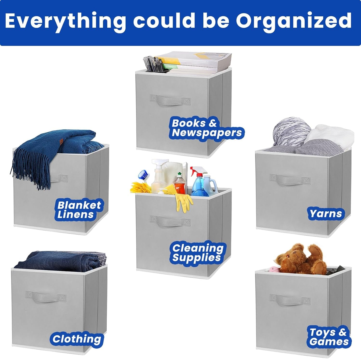Storage Cubes, 11 Inch Cube Storage Bins for Shelves (10 Pack), Fabric Collapsible Storage Bins with Dual Handles, Foldable Cube Baskets for Clothes, Closet Organizers and Storage Box (Grey)