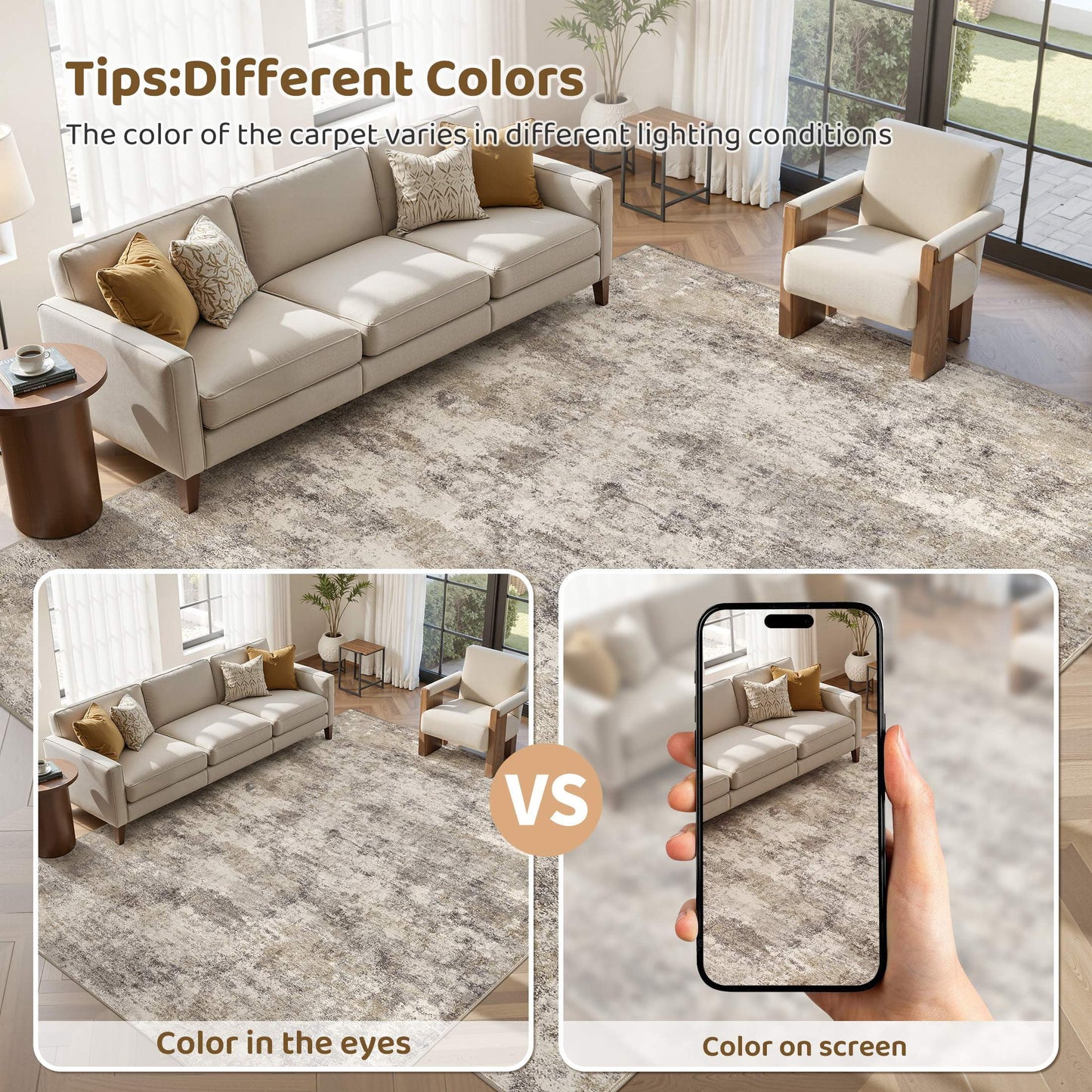 5'X7' Washable Area Rugs for Living Room, Modern Abstract Printed Carpet, Non Slip Indoor Rug for Bedroom Home Decor Carpets, Gold Brown