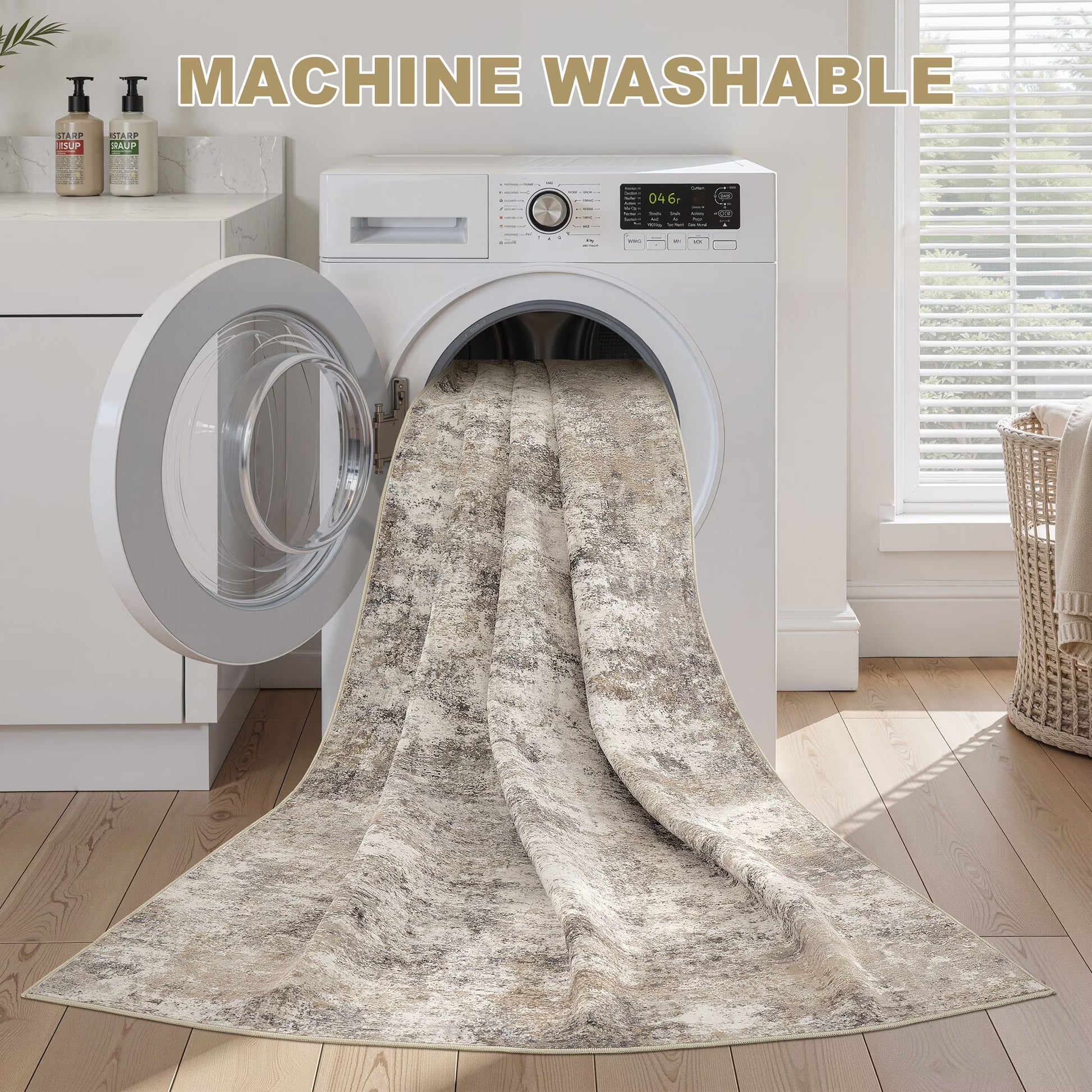 5'X5' round Washable Area Rugs for Living Room, Modern Abstract Printed Rug, Vacuum-Friendly, Non Slip Indoor Rug for Bedroom Entryway Home Decor Carpet, Gold Brown
