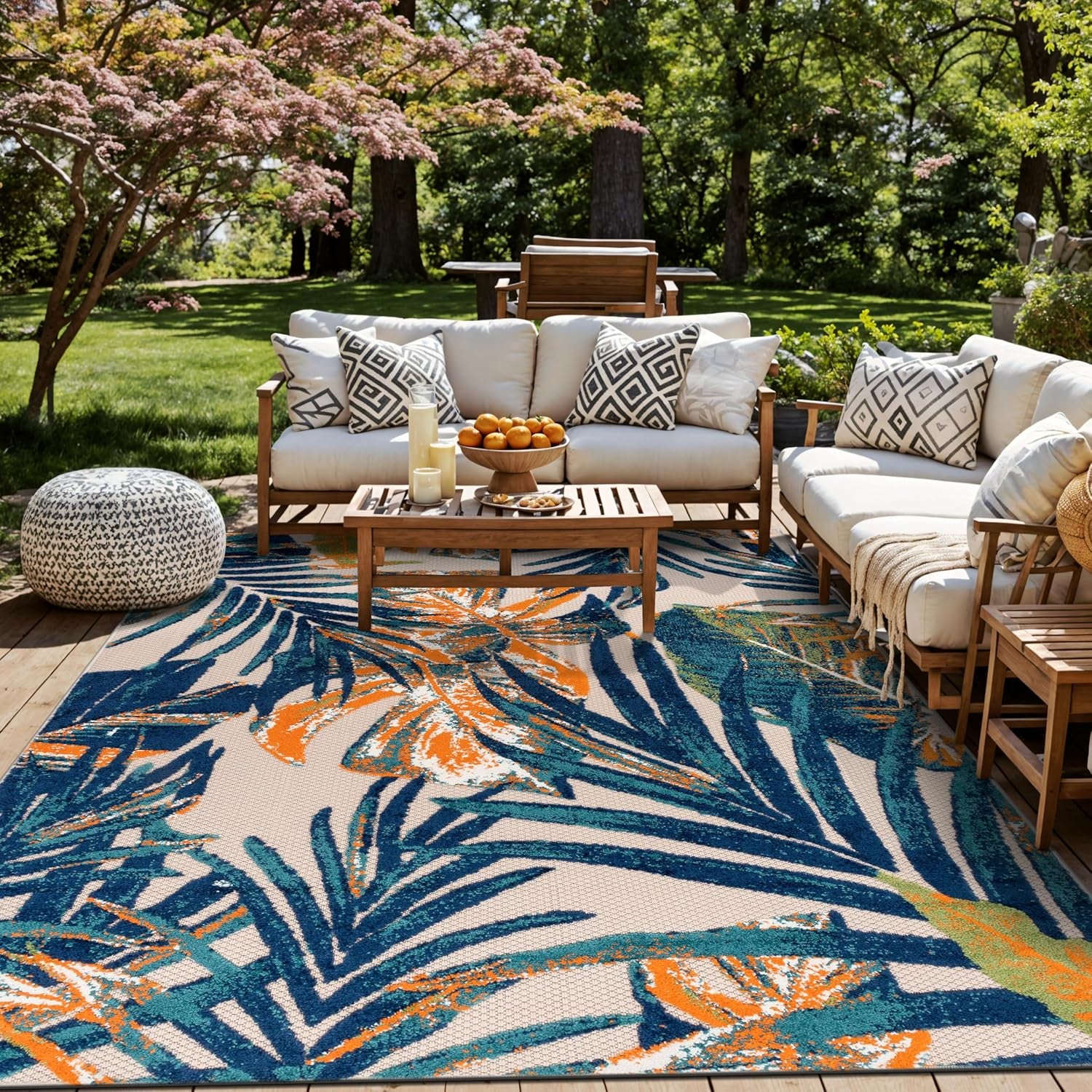 Tropical Floral Leaves Indoor/Outdoor Area Rug Durable Polypropylene, Non-Shedding, Easy to Clean, Perfect for Patio, Backyard, Deck and Outdoor Lounge, High Traffic Areas, 7'10" X 10'