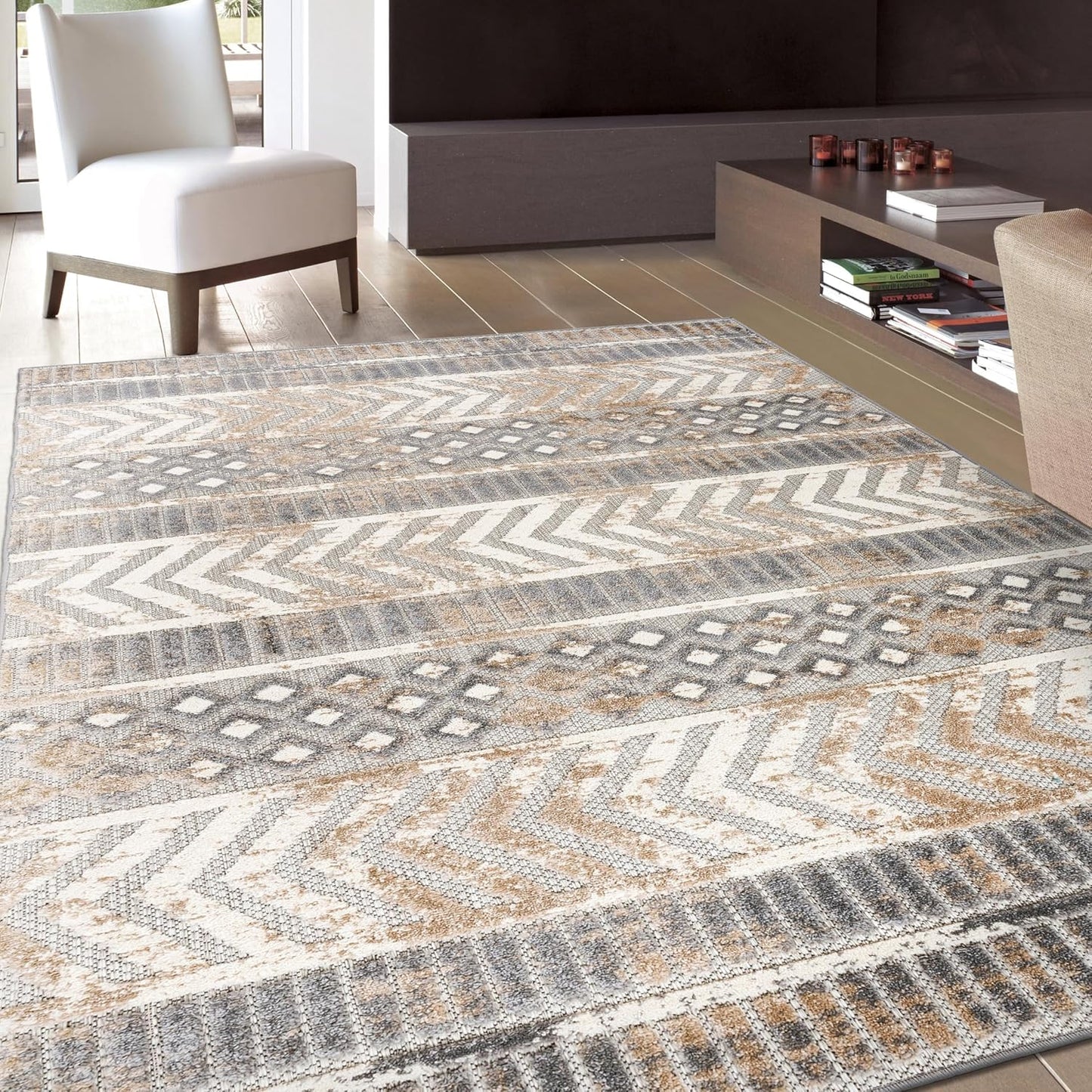 Distressed Geometric Indoor/Outdoor Beige Area Rug Modern Tribal Stripe, Durable Stain Resistant Perfect for Patio, Backyard, Deck and Outdoor Lounge 7'10" X 10'