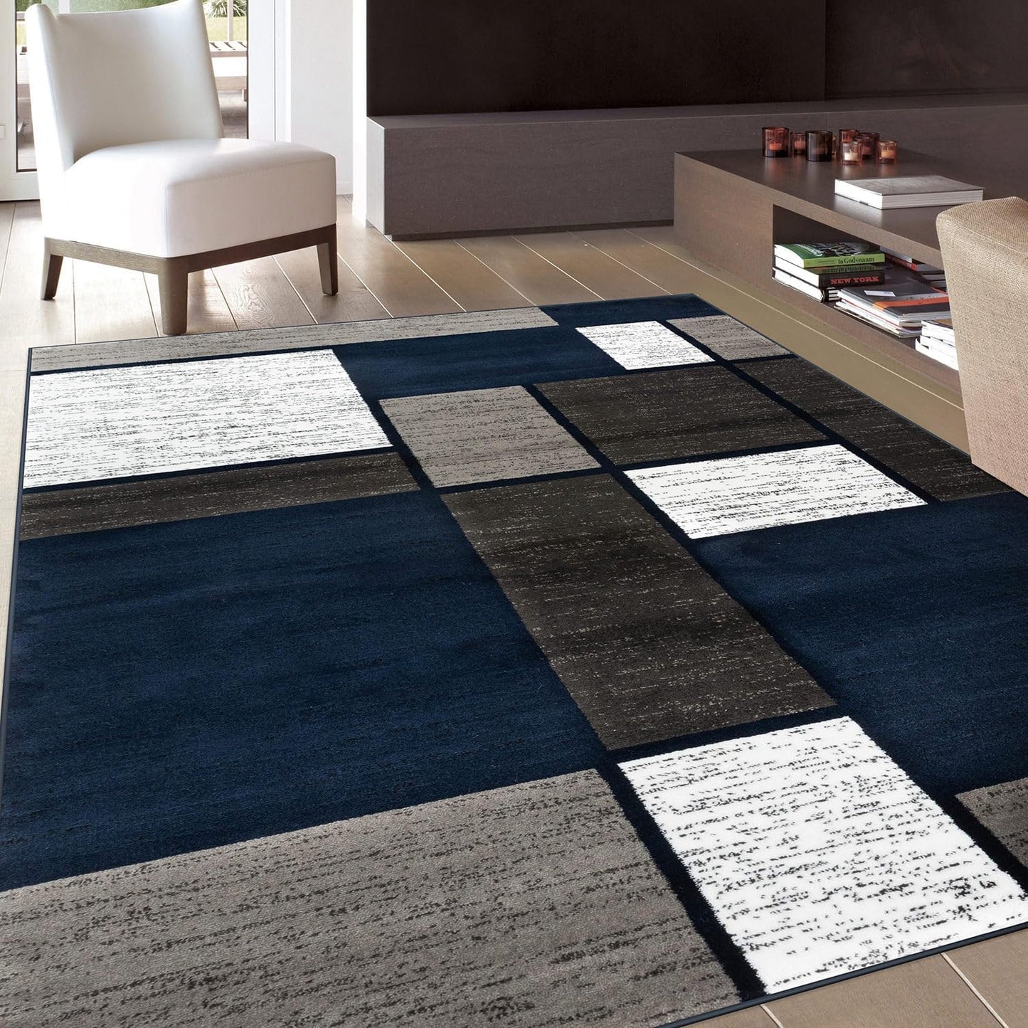 Modern Geometric Boxes Navy Area Rug, Non-Shedding Carpet for Living Room, Bedroom, or Dining Room, 5'3" X 7'3"