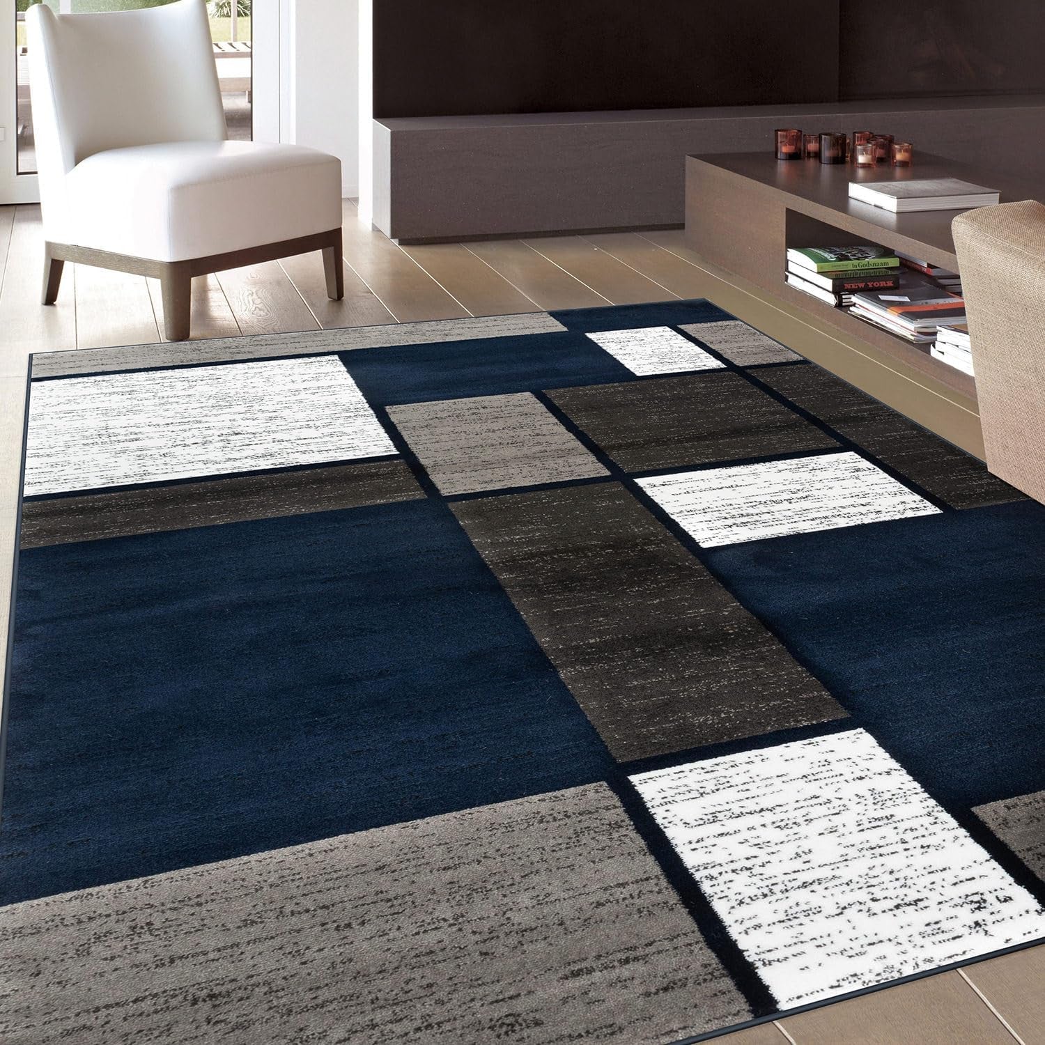 Modern Geometric Boxes Navy Area Rug, Non-Shedding Carpet for Living Room, Bedroom, or Dining Room, 5'3" X 7'3"