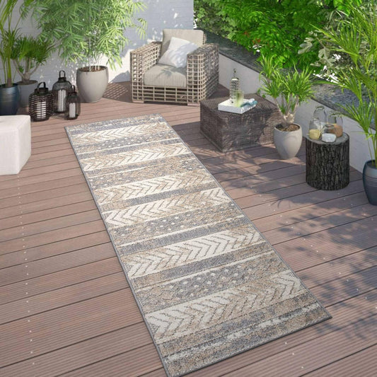 Distressed Geometric Indoor/Outdoor Beige Runner Rug Modern Tribal Stripe, Durable Stain Resistant Low Profile Perfect for Patio, Backyard, Deck and Outdoor Lounge 2' X 7'