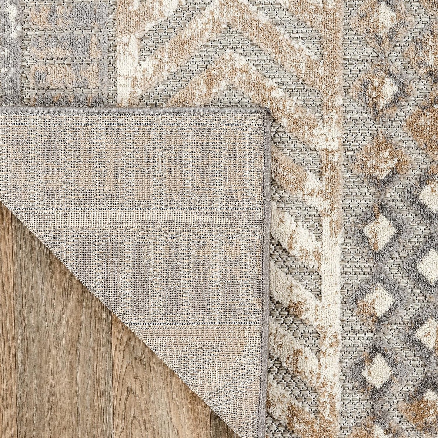 Distressed Geometric Indoor/Outdoor Beige Area Rug Modern Tribal Stripe, Durable Stain Resistant Perfect for Patio, Backyard, Deck and Outdoor Lounge 7'10" X 10'