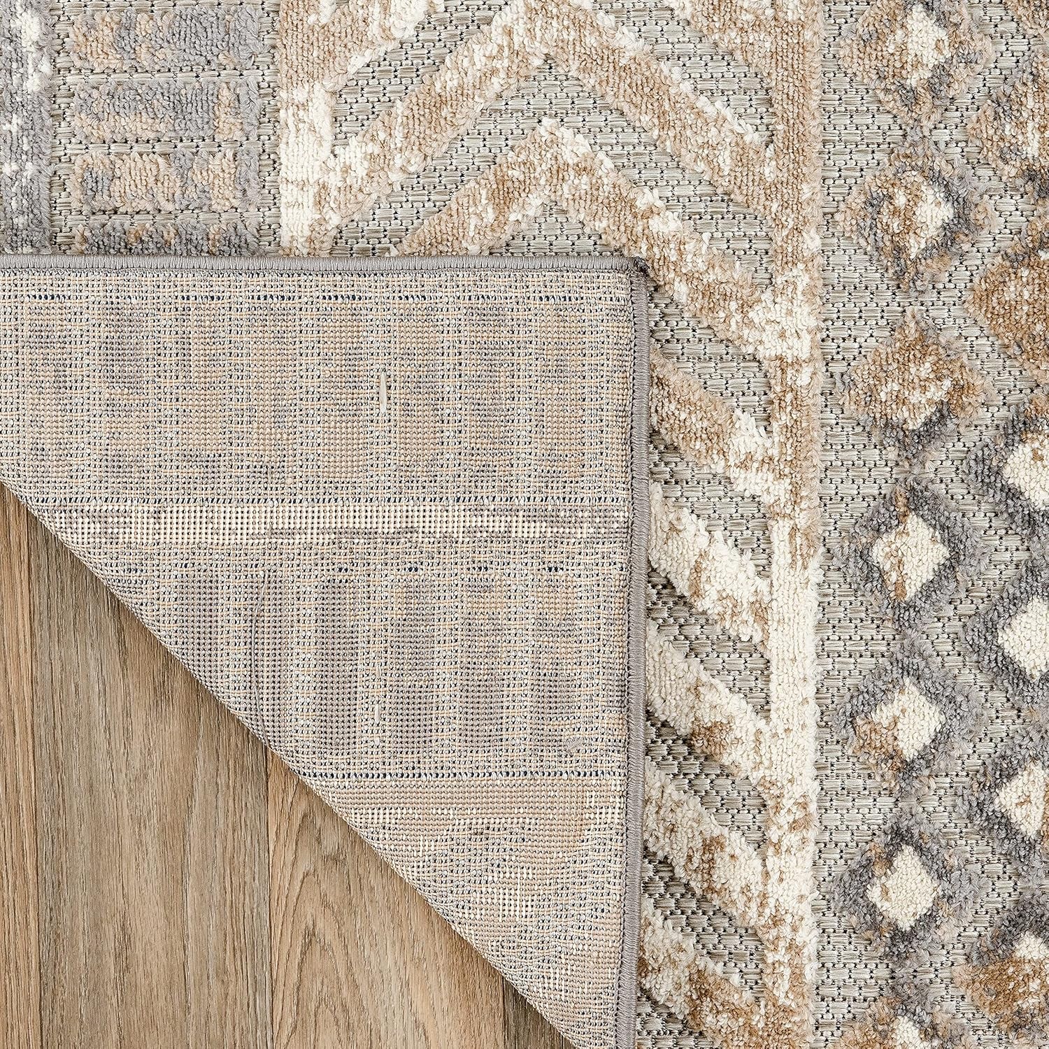 Distressed Geometric Indoor/Outdoor Beige Area Rug Modern Tribal Stripe, Durable Stain Resistant Perfect for Patio, Backyard, Deck and Outdoor Lounge 7'10" X 10'