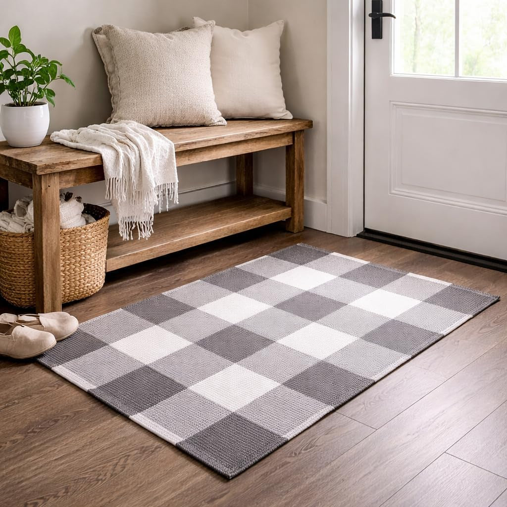 Rug Buffalo Plaid Area Rug 24X36 Inch (2X3), Charcoal & White, Reversible Cotton Woven Farmhouse Rug for Living Room, Kitchen, Entryway, Bathroom