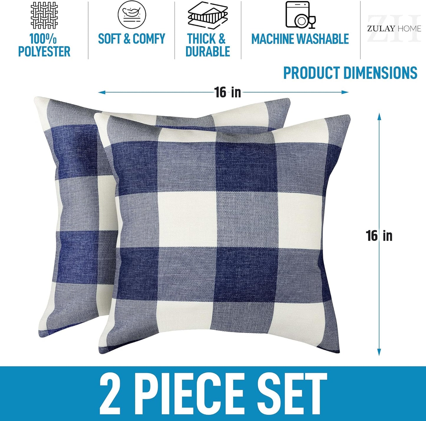 Pack of 2 Buffalo Plaid Throw Pillow Covers - Farmhouse Porch Pillows Outdoor & Indoor Covers - Polyester Buffalo Plaid Pillow Covers (16X16 Inch, Dark Blue & White)