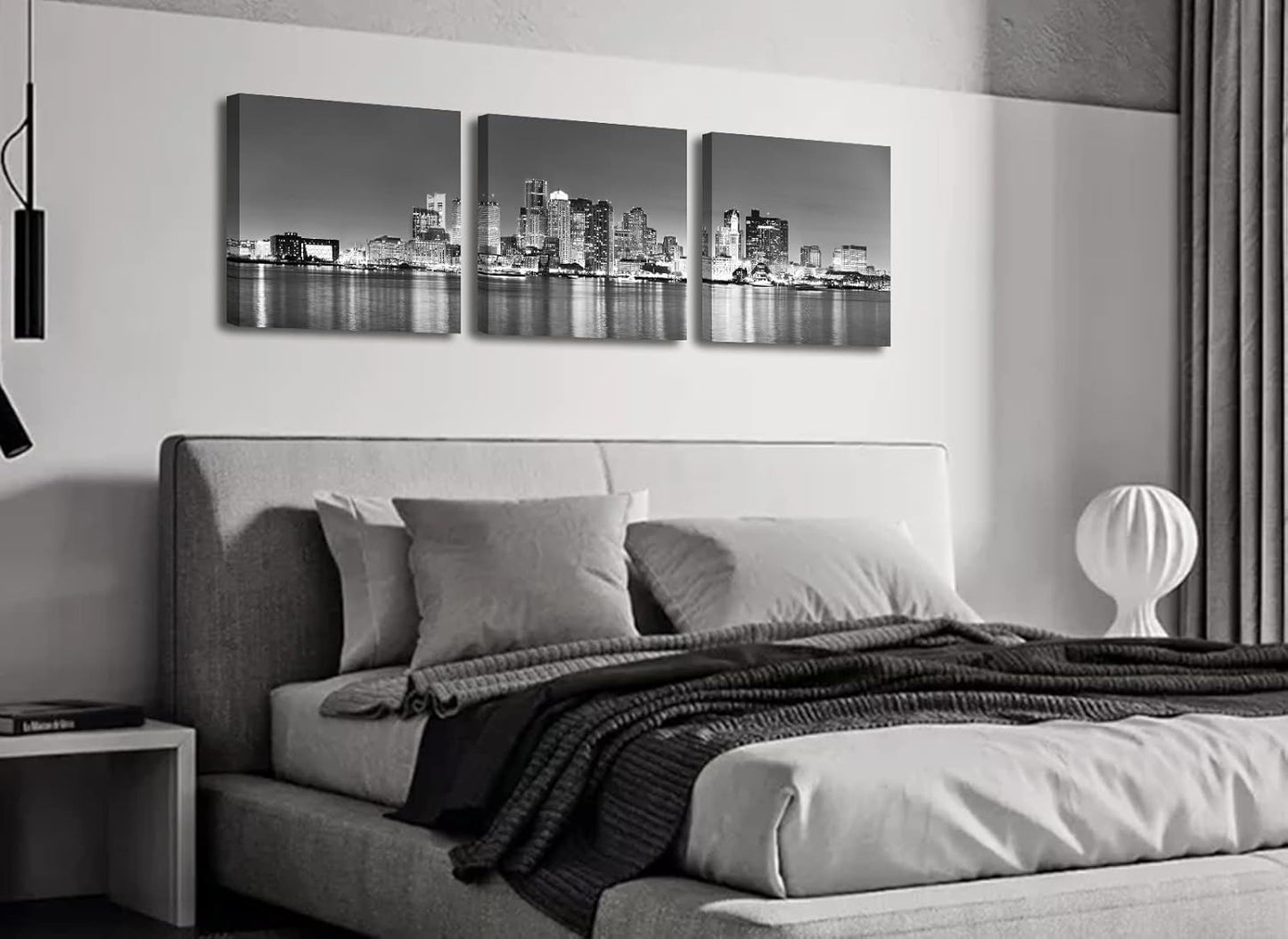 Boston Skyline Canvas Wall Art, Black and White City Night Scene Art Prints, Framed Panoramic Cityscape Pictures, Modern Living Room Bedroom Office Decor, Set of 3 (16X16 Inch)