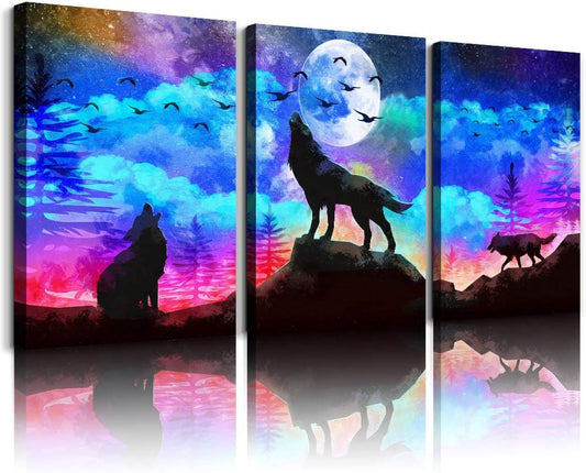 Canvas Wall Art for Living Room Large Size Wall Decor for Bedroom Office Decor Artwork Modern 3 Pieces Framed Canvas Art Prints Ready to Hang Wolf Pictures Blue Sky Auroral Painting Home Decoration