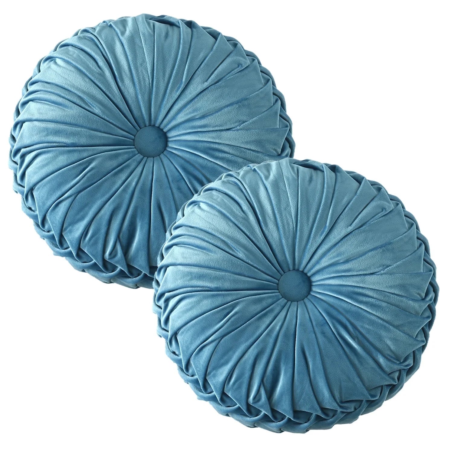 Set of 2 Pumpkin Pleated round Throw Pillows, Soft Velvet, Dusty Blue, 14.5" Diameter