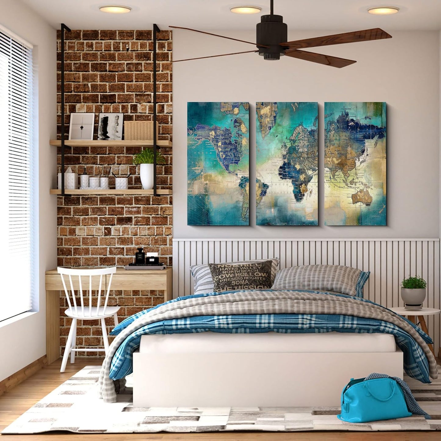Canvas Wall Art for Living Room - World Map Wall Decor - Large Wall Art for Bedroom - Office Artwork - Map Wall Art 16"X32" 3 Piece Canvas Wall Art