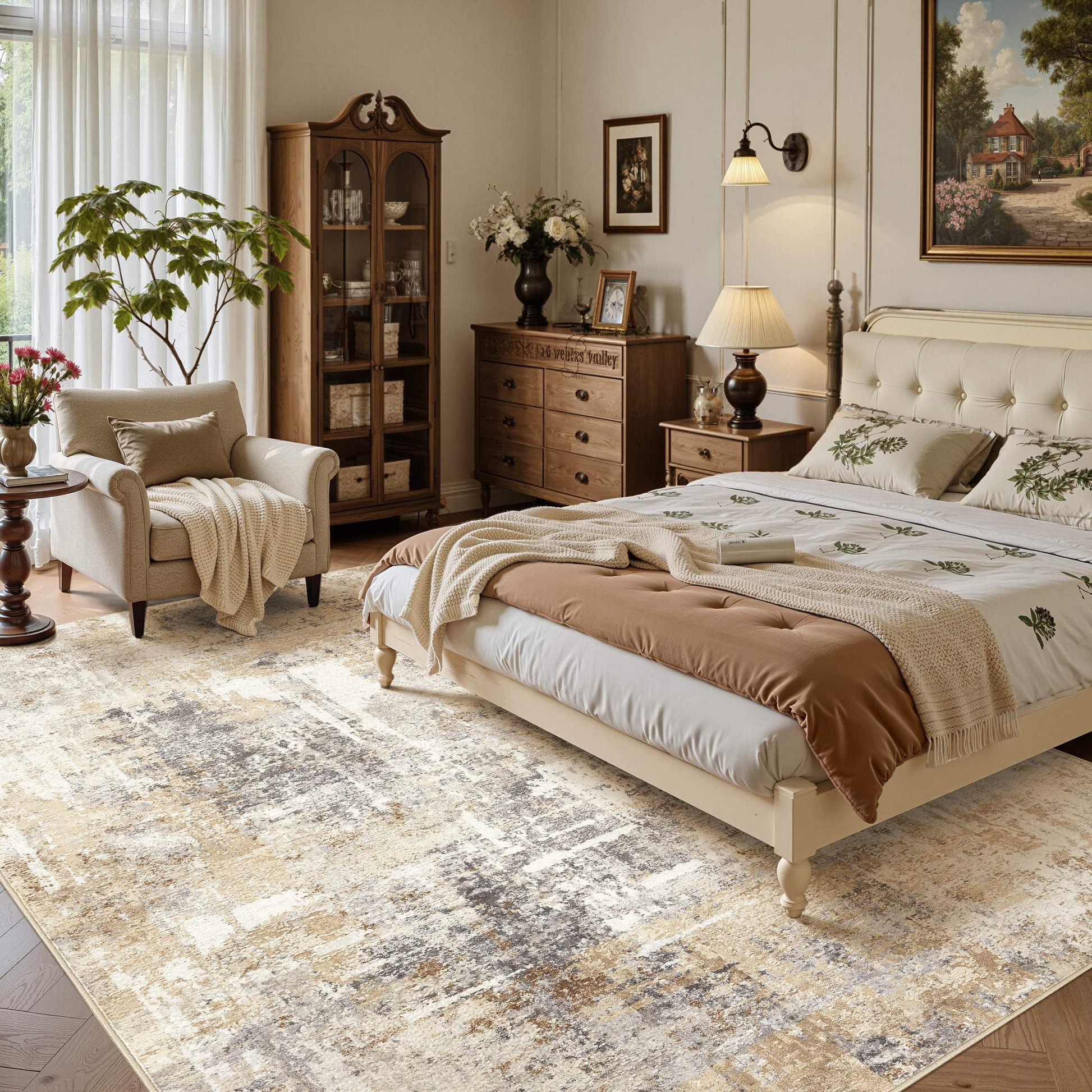 8'X10' Washable Area Rugs for Living Room, Modern Abstract Printed Carpet, Non Slip Indoor Rug for Bedroom Home Decor Carpets, Grey Gold
