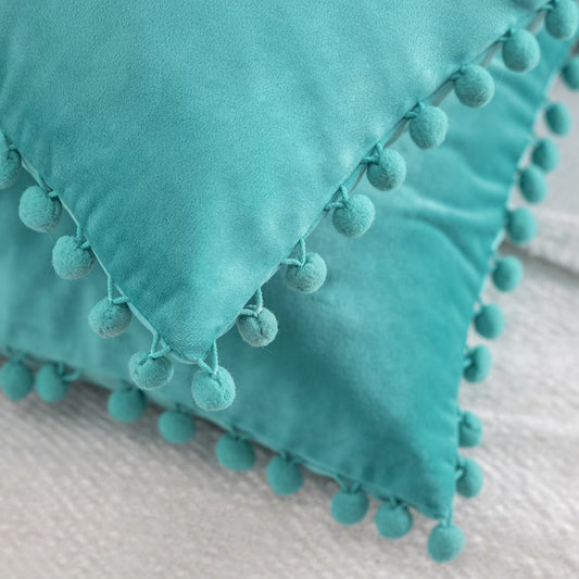 Throw Pillow with Insert，Silky Velvet Series Pom Pom Decorative Pillow, 20" X 20", Turquoise, 2 Pack