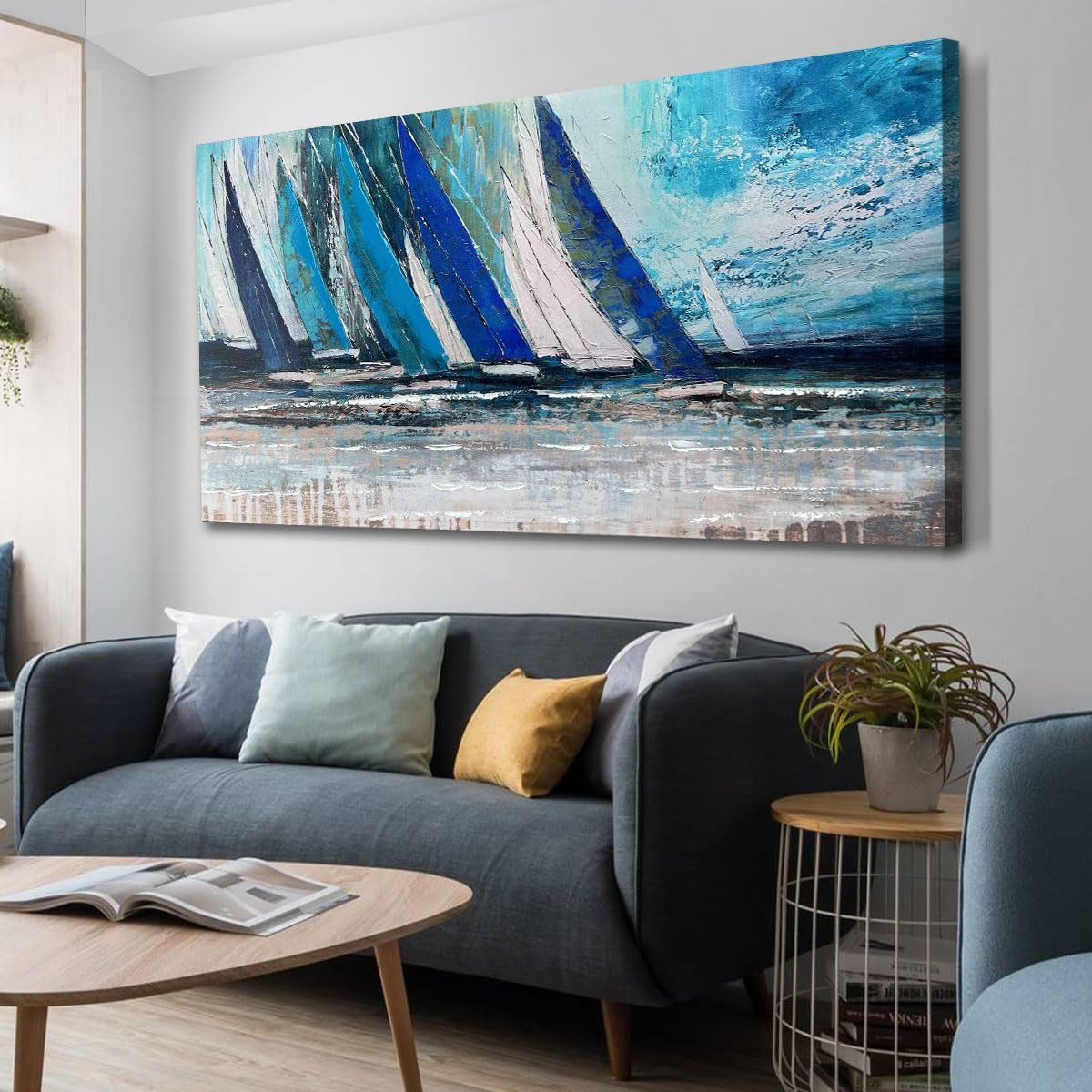 Blue Abstract Wall Art Canvas for Living Room, Nautical Art Wall Decor Teal Sailboat Textured Bedroom Picture Modern Coastal Painting Large Framed Artwork Home Office 48"X24"