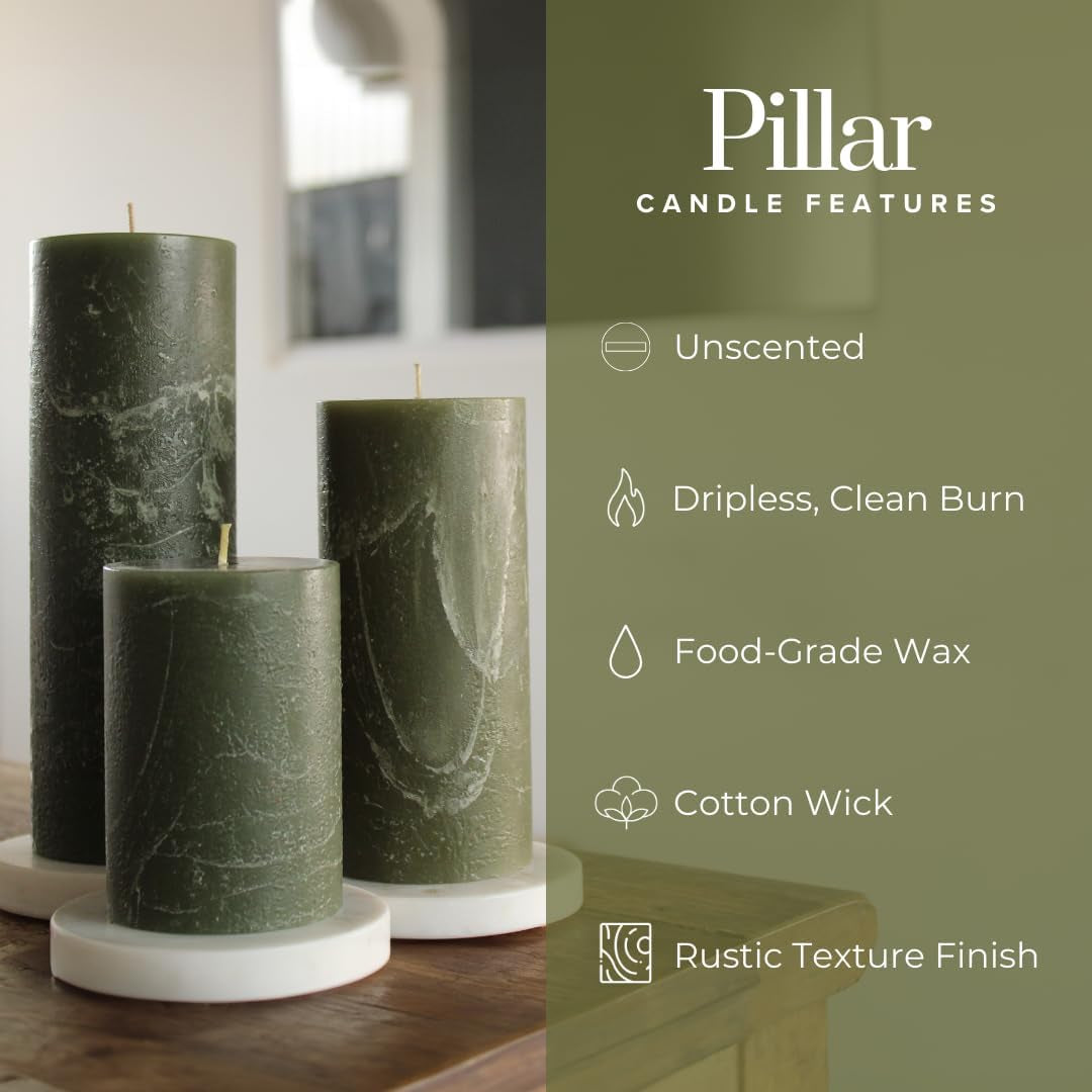 3X4 Inch Dark Moss Green Pillar Candles Set of 3, Rustic Texture, Unscented Green Candles, Dripless Candles, 3 Inch Pillar Candles for Wedding Parties Spas Dinner Home Decoration Church