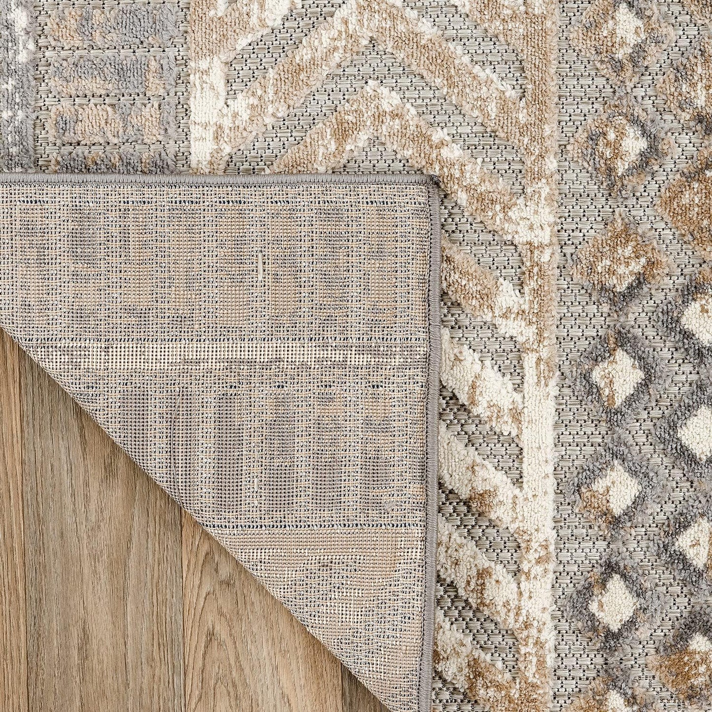Distressed Geometric Indoor/Outdoor Beige Runner Rug Modern Tribal Stripe, Durable Stain Resistant Low Profile Perfect for Patio, Backyard, Deck and Outdoor Lounge 2' X 7'