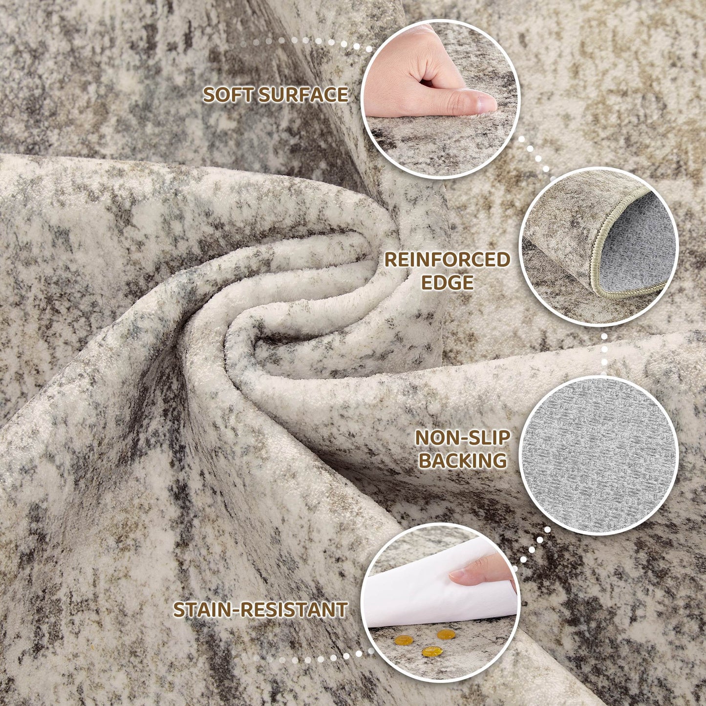 5'X7' Washable Area Rugs for Living Room, Modern Abstract Printed Carpet, Non Slip Indoor Rug for Bedroom Home Decor Carpets, Gold Brown