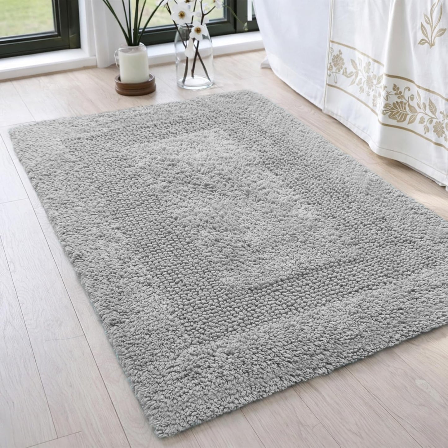 Cotton Reversible Bathmat Rug Set of 2, 21X32/17X24 Inches - Light Grey, Luxury Dual Flip Ultra Soft Washable Bath Rugs Ideal for Hotel Quality, Spa Style, Toilet | Fast Drying Thick Mat for Bathroom
