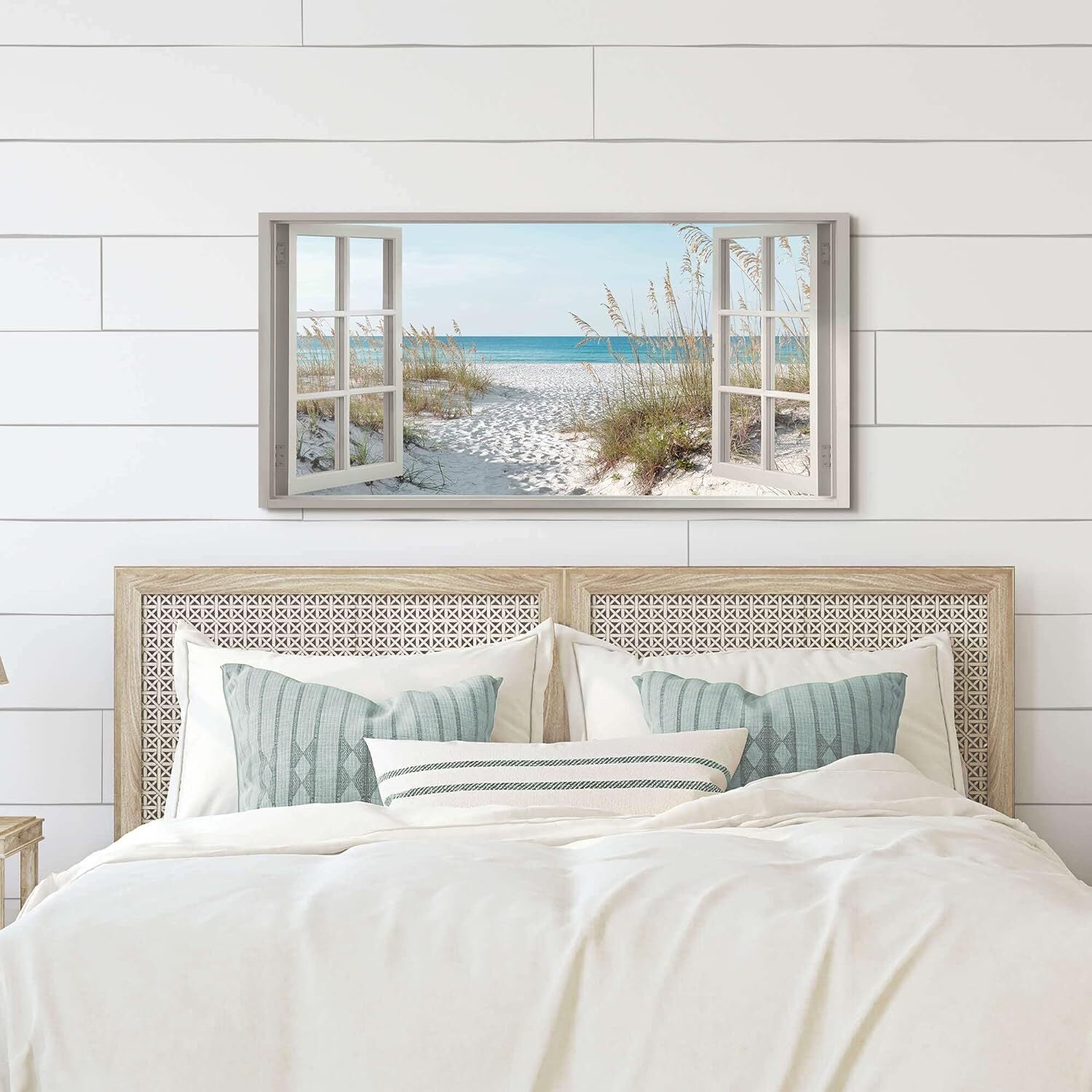 Window Beach Framed Wall Art Canvas Large Tropical Coastal Sea Landscape 48"X24"