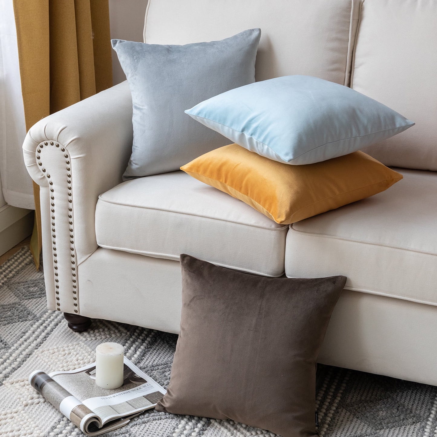 Soft Solid Square Velvet Decorative Throw Pillow Cover for Couch and Sofa, 18" X 18", Beige, 2 Pack