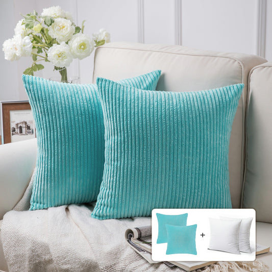 Fluffy Corduroy Velvet Solid Color Suqare Cusion Accent Decorative Throw Pillow for Couch, 18" X 18", Aqua, 2 Pack