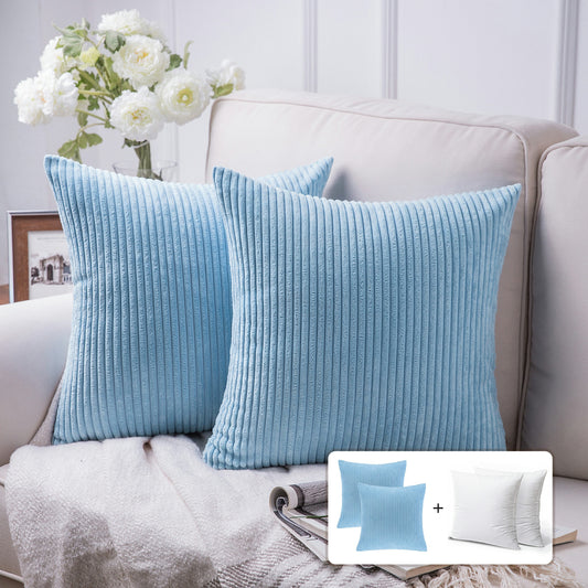 Fluffy Corduroy Velvet Solid Color Suqare Cusion Accent Decorative Throw Pillow for Couch, 18" X 18", Sky Blue, 2 Pack