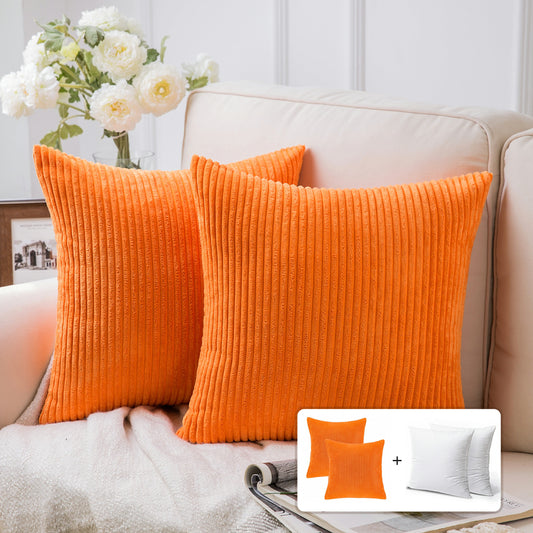 Fluffy Corduroy Velvet Solid Color Suqare Cusion Accent Decorative Throw Pillow for Couch, 22" X 22", Orange, 2 Pack