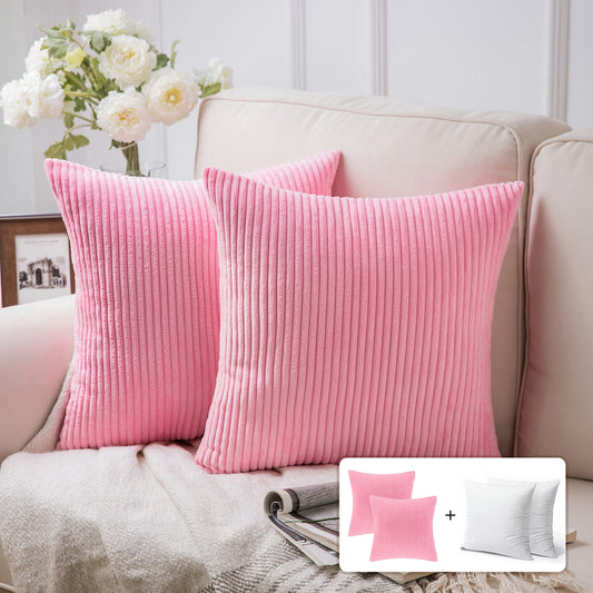 Fluffy Corduroy Velvet Solid Color Suqare Cusion Accent Decorative Throw Pillow for Couch, 22" X 22", Pink, 2 Pack