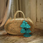 Oval Luna Straw Tote Bag - with Cerulean Blue Tassels