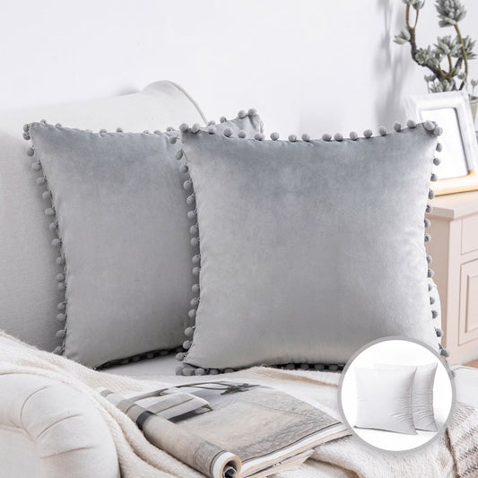 Throw Pillow with Insert，Silky Velvet Series Pom Pom Decorative Pillow, 18" X 18", Gray, 2 Pack
