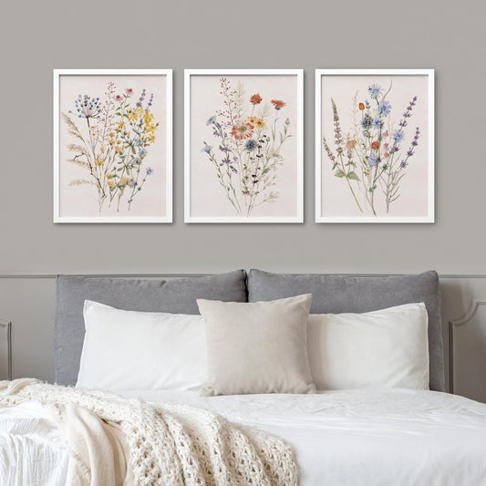 Framed Canvas Print Wall Art Set - Multicolor Wildflowers Poster Art - Set of 3 Watercolor Nature Wilderness Floral Botanical Vintage Wall Décor for Living Room - 8"X10" White
