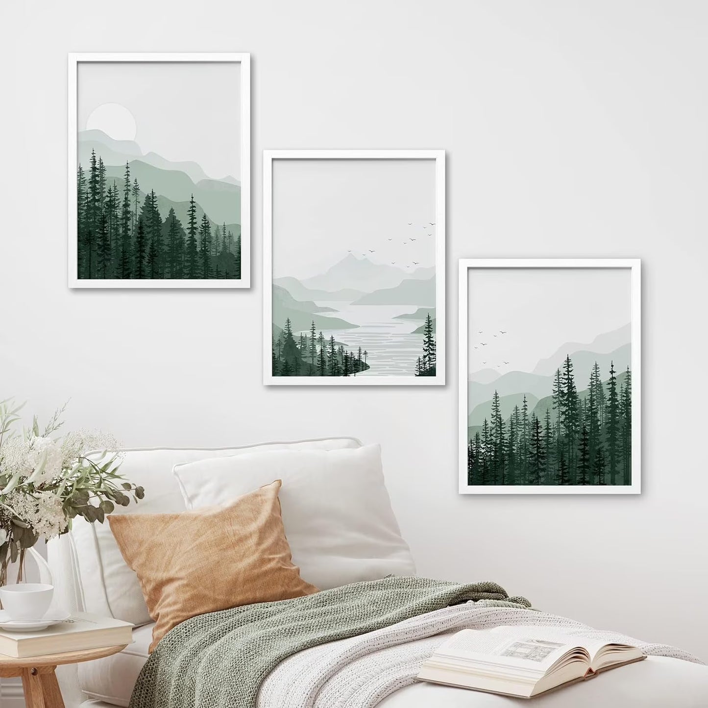 Framed Canvas Print Wall Art Set - Sage Green Mountain Range Pine Tree Forest Art - Set of 3 Nature Wilderness Landscape Wall Décor for Living Room, Bedroom - 12"X16"X3 Panels White