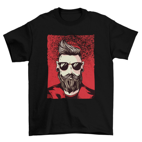 Bearded hipster with moustache sunglasses red beanie hat jacket black