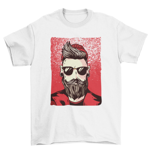 Bearded hipster with moustache sunglasses red beanie hat jacket black