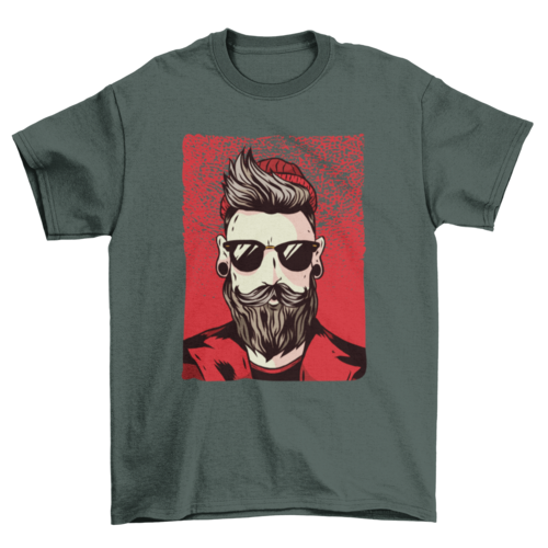Bearded hipster with moustache sunglasses red beanie hat jacket black