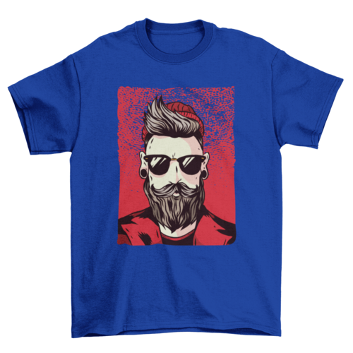 Bearded hipster with moustache sunglasses red beanie hat jacket black