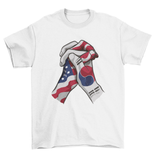 USA and korea flags holding hands t-shirt