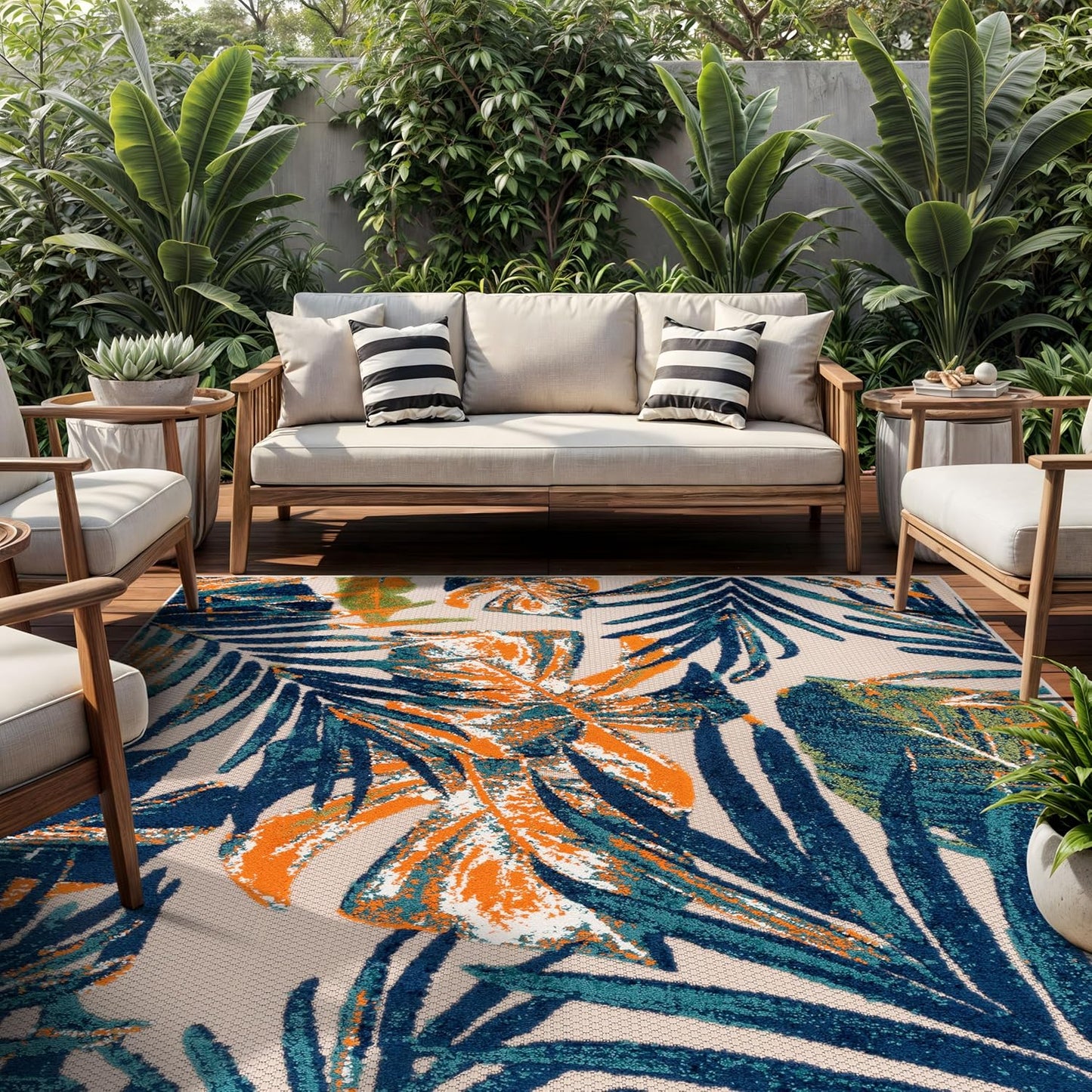 Tropical Floral Leaves Indoor/Outdoor Area Rug Durable Polypropylene, Non-Shedding, Easy to Clean, Perfect for Patio, Backyard, Deck and Outdoor Lounge, High Traffic Areas, 7'10" X 10'
