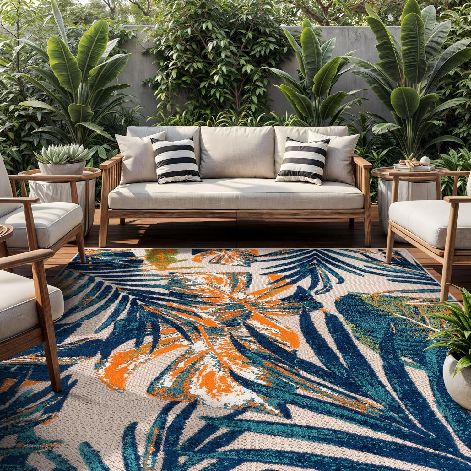 Tropical Floral Leaves Indoor/Outdoor Area Rug Durable Polypropylene, Non-Shedding, Easy to Clean, Perfect for Patio, Backyard, Deck and Outdoor Lounge, High Traffic Areas, 7'10" X 10'