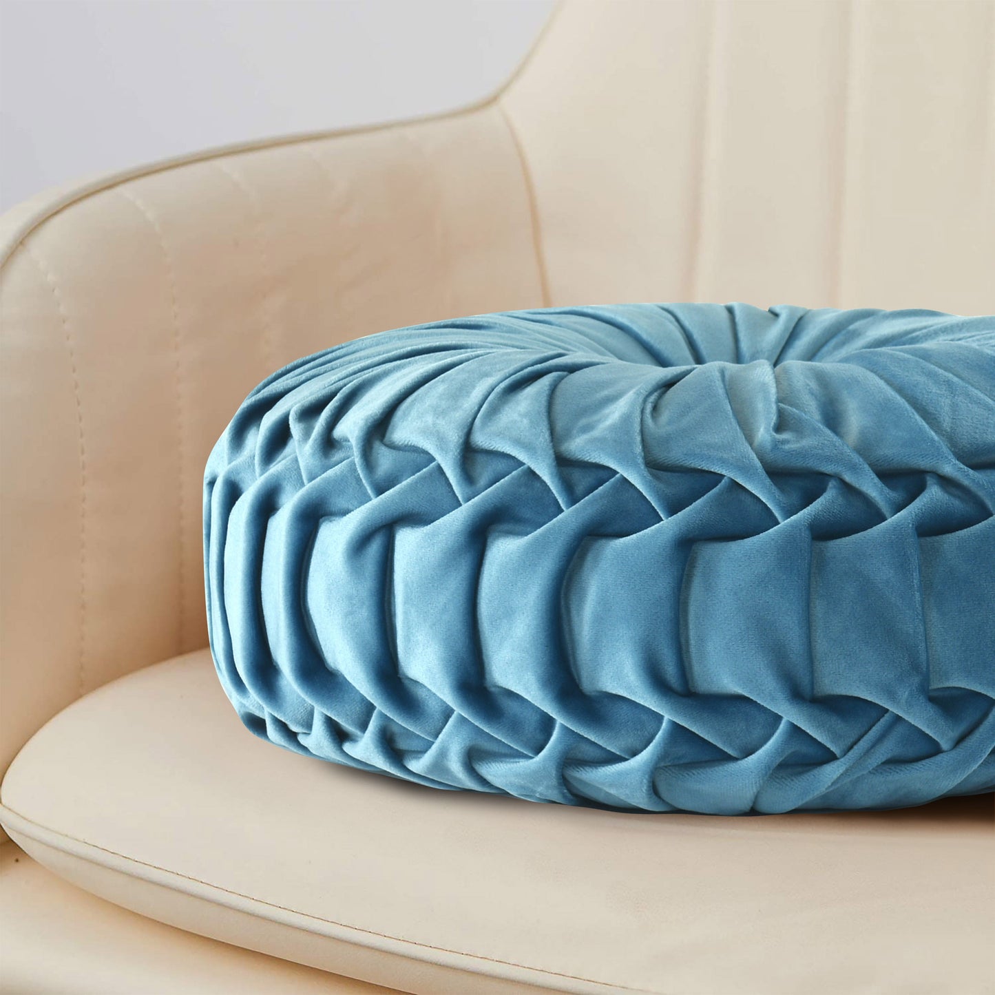 Set of 2 Pumpkin Pleated round Throw Pillows, Soft Velvet, Dusty Blue, 14.5" Diameter